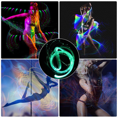 A photo collage of women dancing with LED color changing fiber optic whip for raves.