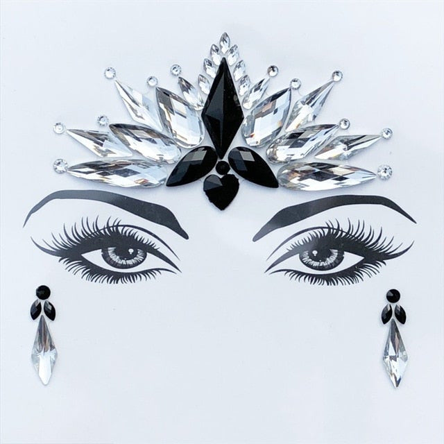 Black and white rhinestone face jewels for raves.