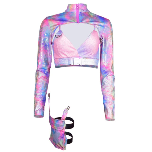 Holographic cropped jacket and crop top.
