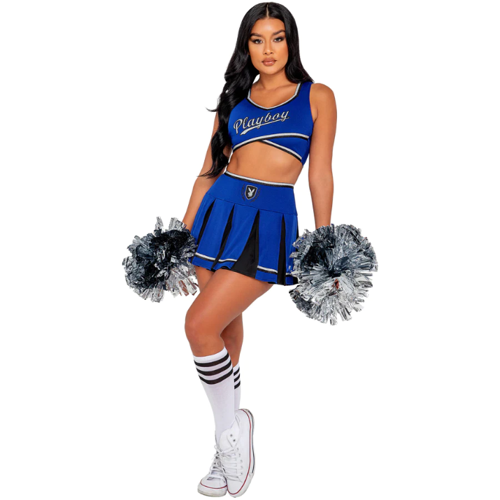 A rave girl wearing a black and blue cheerleader costume to a rave or music festival.