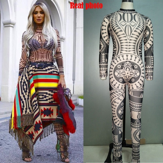 Women Gothic Tattoo Tribal Print Stretchy Skinny Bodysuit Sexy See-through  Mesh Sheer Long Sleeve Top Pullovers Clubwear Bodycon - Rompers&playsuits -  AliExpress