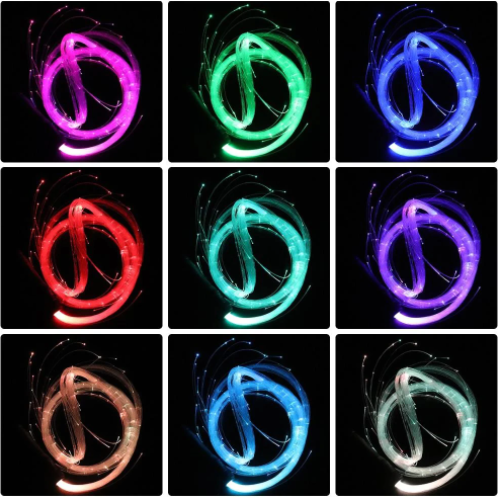 A photo collage of LED color changing fiber optic whips for raves.
