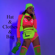 A woman wearing neon cheerleader costume two piece set with accessories for raves.