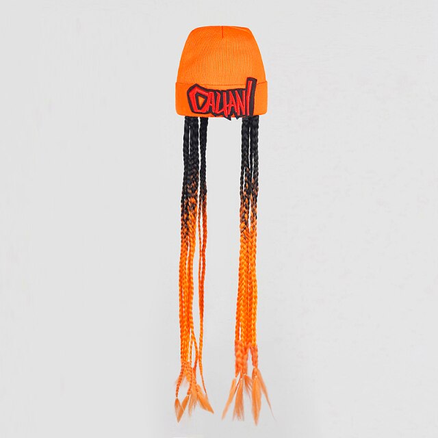 Orange hip hop wig hat for raves or music festivals.