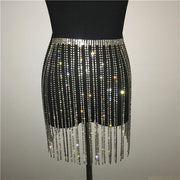 Gold sequin taassel skirt for raves or music festivals.