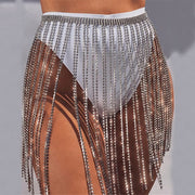 A rave girl wearing silver sequin tassel skirt to a rave or music festival.