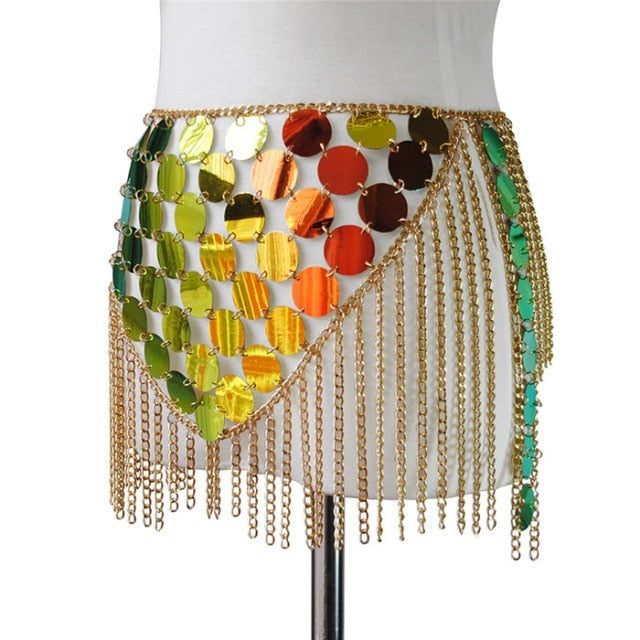Sequin tassel skirt for raves or music festivals.