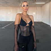 Mesh See Through Halter Backless Top.