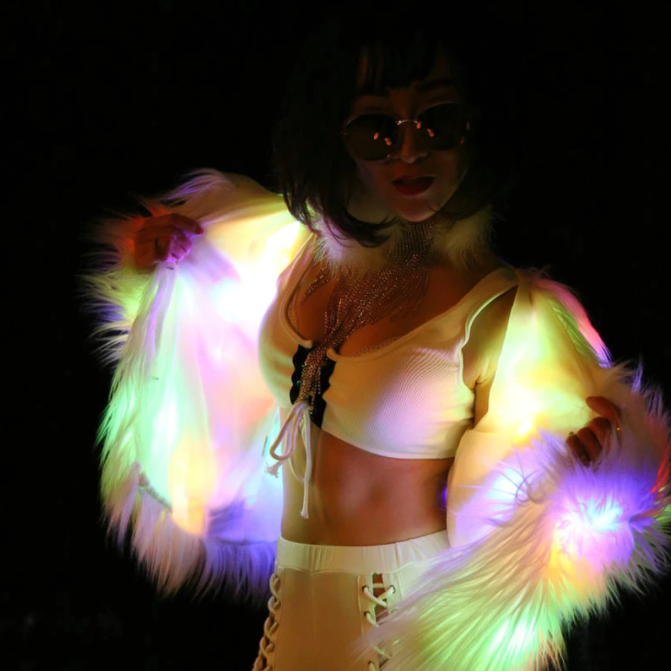 Colorful LED Faux Fur Coat for Winter Raves - Grumps Collection