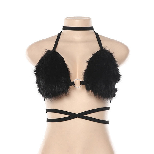 A black fluffy fur rave bra.