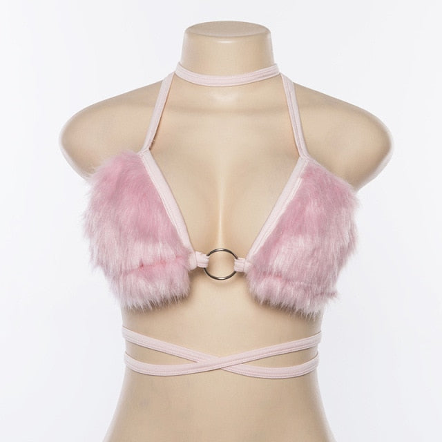 A pink fluffy fur rave bra.