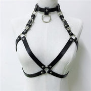 black gothic leather chain crop top for raves and music festivals.