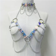 Gothic holographic chain crop top with choker for raves.