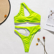 Green one shoulder keyhole bikini two piece set for raves or music festivals.