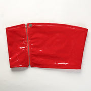 Glossy red leather tube top for raves or music festivals.