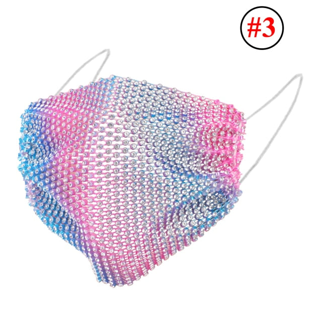 Light blue and pink sequin face mask for raves or music festivals.
