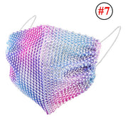 Purple and pink sequin face mask for raves or music festivals.