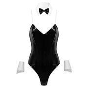 Sexy bunny leather one piece costume with playboy collar for raves.