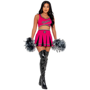 A rave girl wearing a pink and black cheerleader costume to a rave or music festival.