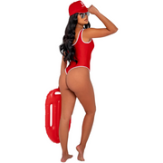 A rave girl wearing a baywatch style Playboy bikini to a rave or music festival.