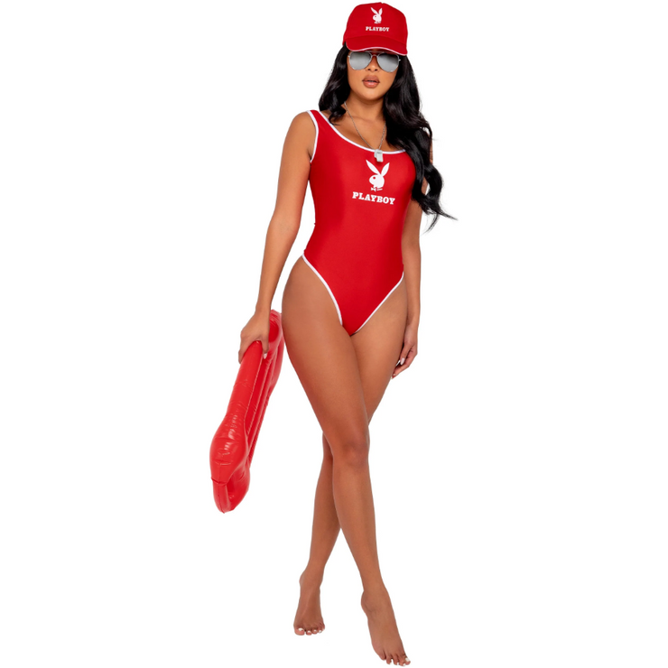 A rave girl wearing a baywatch style Playboy bikini to a rave or music festival.