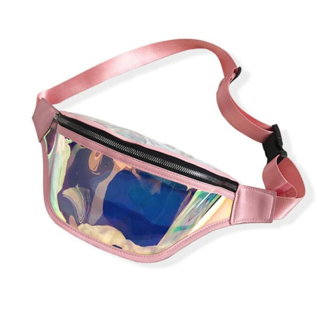 Pink holographic fanny pack for raves.