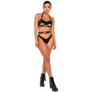 A rave girl wearing a pride bikini with underboob cutout to a rave or music festival.