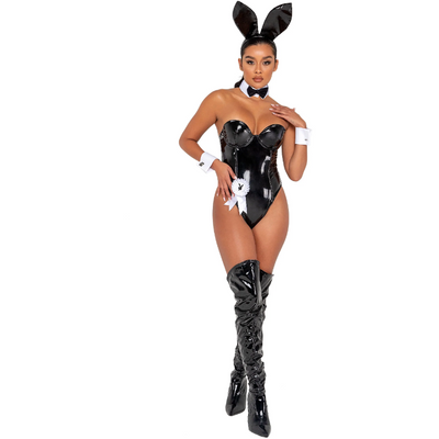 A rave girl wearing a vinyl playboy bunny costume to a rave or music festival.