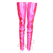Pink holographic leg covers.
