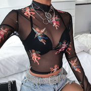 Sexy See-Through Sheer Mesh Turtleneck Tops with Sleeves.