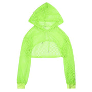 Neon green mesh fishnet crop hoodie for raves or music festivals.