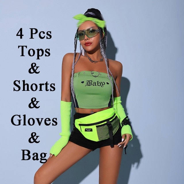 Neon Green Tube Top Set with Shorts & Accessories.