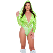 A rave girl wearing a neon green and silver hooded bodysuit to a rave and music festival.