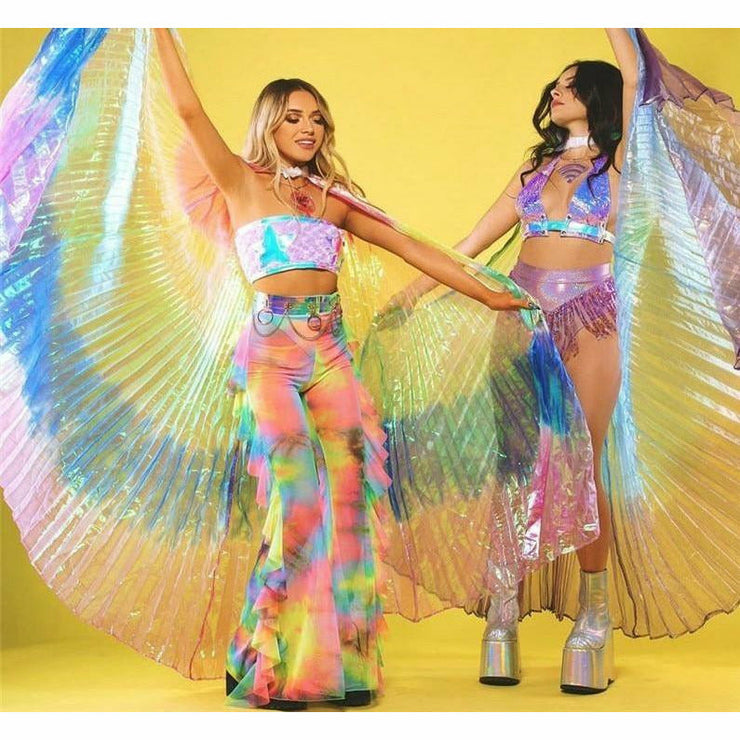 Two rave girls wearing colorful butterfly wings for music festivals or raves.ng