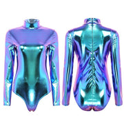 Blue metallic bodysuit for raves or music festivals.