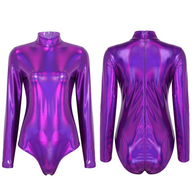 Purple metallic bodysuit for raves or music festivals.
