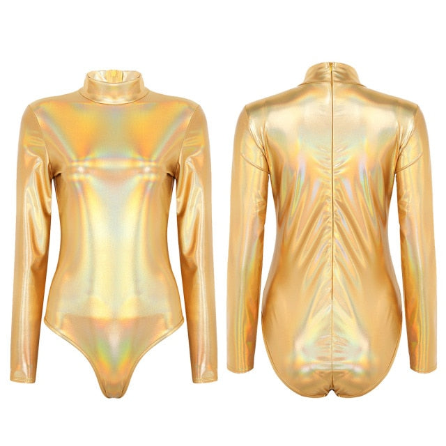 Gold metallic bodysuit for raves or music festivals.