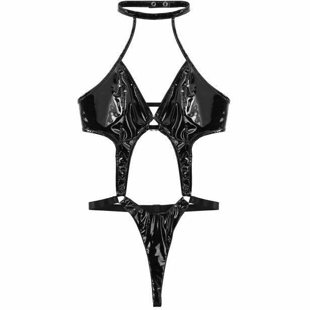 Sexy halter hollow out leather lingerie for raves or music festivals.