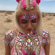 A woman wearing acrylic face jewels for music festivals.
