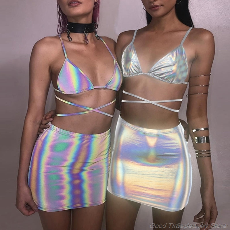 Holographic Two Piece Outfit, Womens Rave Outfits, Women Rave Clothes, EDM Outfits