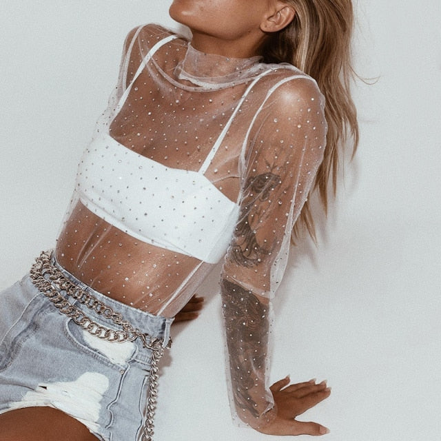 Crop Top Sequin Mesh Top Layla Top In Gold Women's Festival