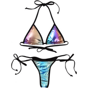 A coloful holographic bikini two piece set for raves.