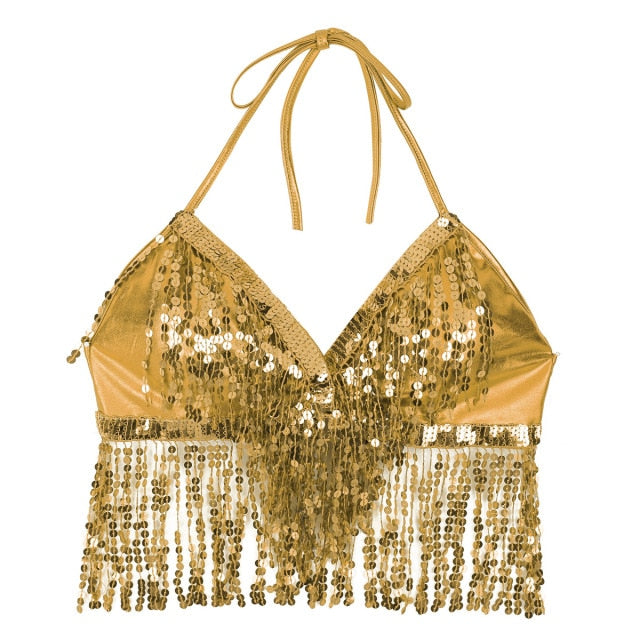 Gold sequin halter bra top for raves or music festival.