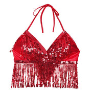 Red sequin halter bra top for raves or music festivals.