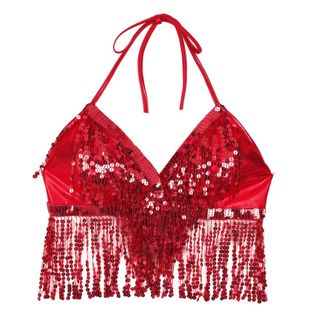 Red sequin halter bra top for raves or music festivals.