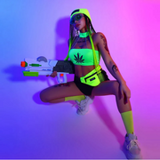 A rave girl wearing fluorescent green rave outfit for music festivals.