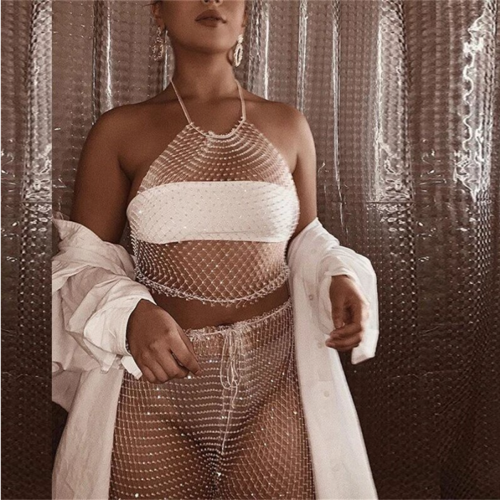 white fishnet crop top