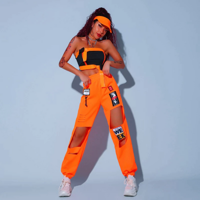Orange Street Dance Outfit Set for Raves (Crop Top + Pants).