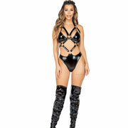A woman wearing latex holster bodysuit with ring detail for raves.