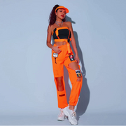 Orange Street Dance Outfit Set for Raves (Crop Top + Pants).